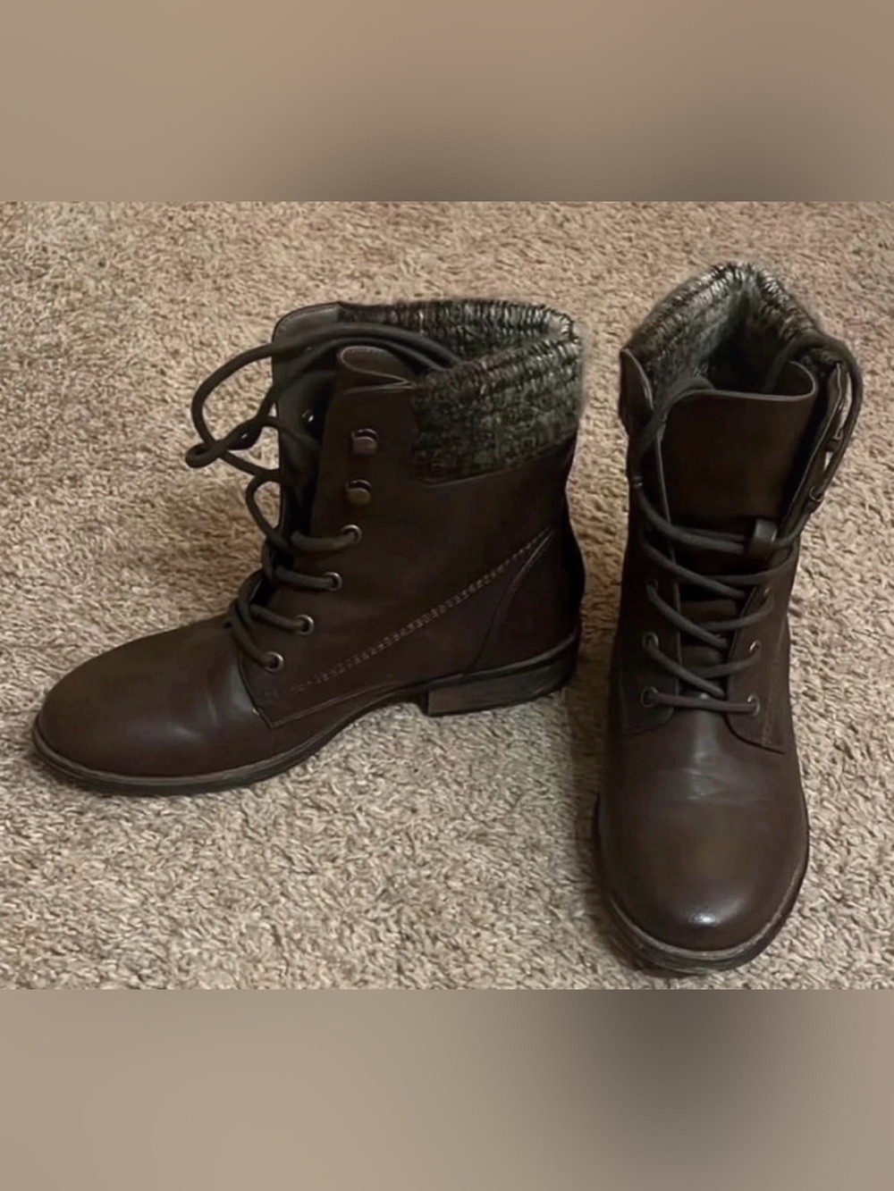 ALDO Genuine Leather Women’s Brown Lace-Up Ankle Boots with Knit Collar